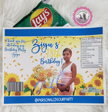 Load image into Gallery viewer, sunflower chip bag/wrappers-sunflower chip bags-sunflower party favors-sunflower birthday-yellow and blue sunflower favors-party favor bags