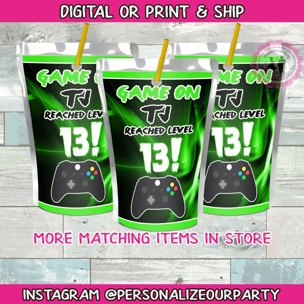 game on juice pouch stickers-video game party favors-level up party favors-digital-print-level up game party supplies-video game birthday