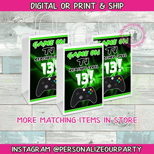 level up game on party bags/labels-video game party bag favors-level up party supplies-digital-printed-game on birthday-candy bags-gift bags