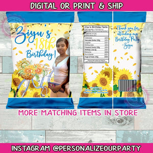 sunflower chip bag/wrappers-sunflower chip bags-sunflower party favors-sunflower birthday-yellow and blue sunflower favors-party favor bags