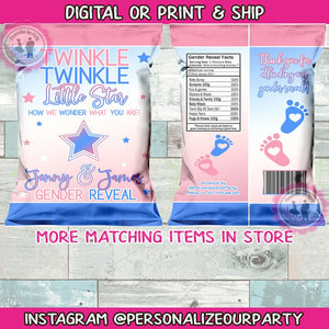 Twinkle twinkle little star Gender reveal chip bag-chip bag wrappers-digital-print-gender reveal party favors-custom chip bags-pink or blue