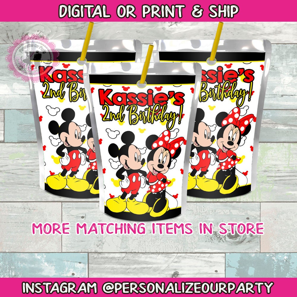 Mickey & Minnie Mouse inspired capri sun juice pouch labels-digital-printed-minnie mouse party favors-juice pouch labels-kool aid jammers