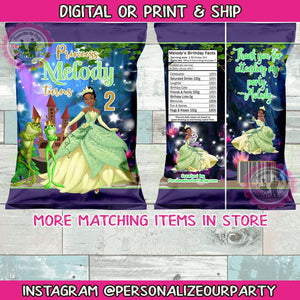 Princess & the frog chip bags/chip bag wrappers-digital-print-princess Tiana-black princess-party favor bags-prince party favors-chips