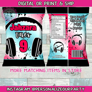 Music dance party chip bag wrappers-social media party-music party favors- party bags-custom party favors-digital-print-teen party favors