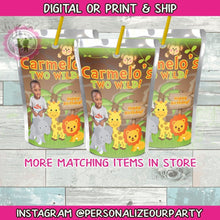 Load image into Gallery viewer, Two wild juice pouch stickers-digital-print-jungle party favors-safari party favors-animal party-jungle party-capri sun labels-juice labels