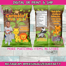 Load image into Gallery viewer, Two wild birthday party chip bags/wrappers-jungle party favors-safari birthday-favor bags-jungle chip bags-jungle party favors-digital-print
