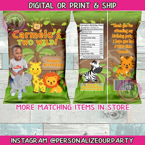 Two wild birthday party chip bags/wrappers-jungle party favors-safari birthday-favor bags-jungle chip bags-jungle party favors-digital-print