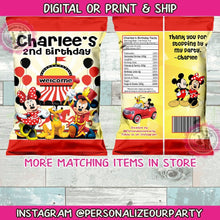Load image into Gallery viewer, Mickey &amp; Minnie mouse carnival chip bag wrappers-digital-print-mickey mouse party favors-mickey mouse party decor-personalized chip bags
