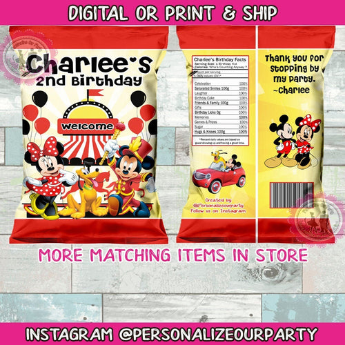 Mickey & Minnie mouse carnival chip bag wrappers-digital-print-mickey mouse party favors-mickey mouse party decor-personalized chip bags
