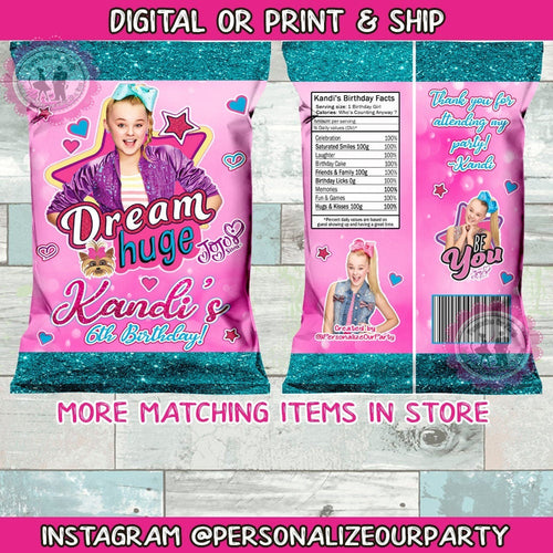 Jojo Siwa chip bags/wrappers-jojo siwa party favors-jojo siwa bags-jojo siwa party supplies-jojo siwa party bags-jojo siwa-digital-print