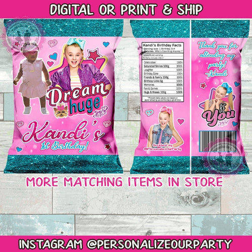 Jojo Siwa chip bags/wrappers with custom photo-digital-print-Jojo Siwa party favors-Jojo Siwa-Jojo Siwa party decor-Jojo Siwa party supplies
