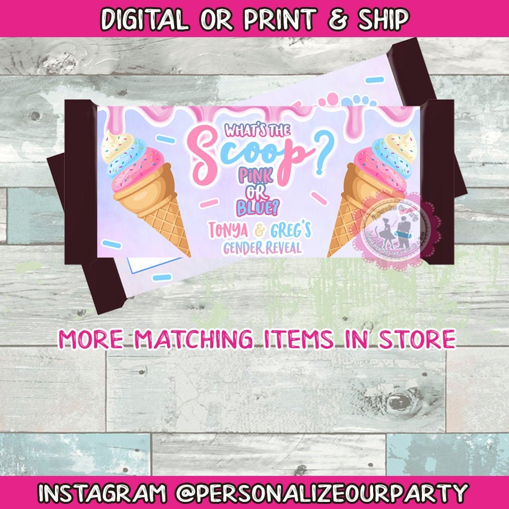 ice cream what's the scoop gender reveal Hershey's candy bar wrapper-digital-print-gender reveal favors-gender reveal party-pink or blue