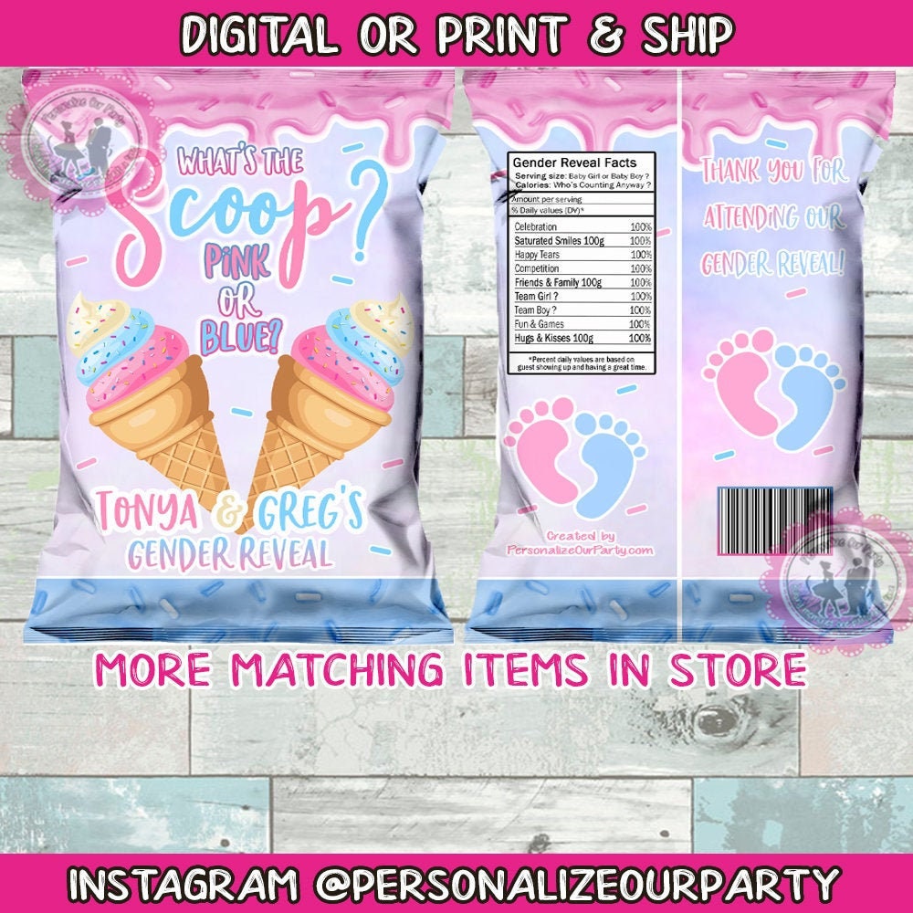 What's the scoop ice cream gender reveal chip bags/wrappers-digital-print-pink or blue-gender reveal party-gender reveal party bag favors