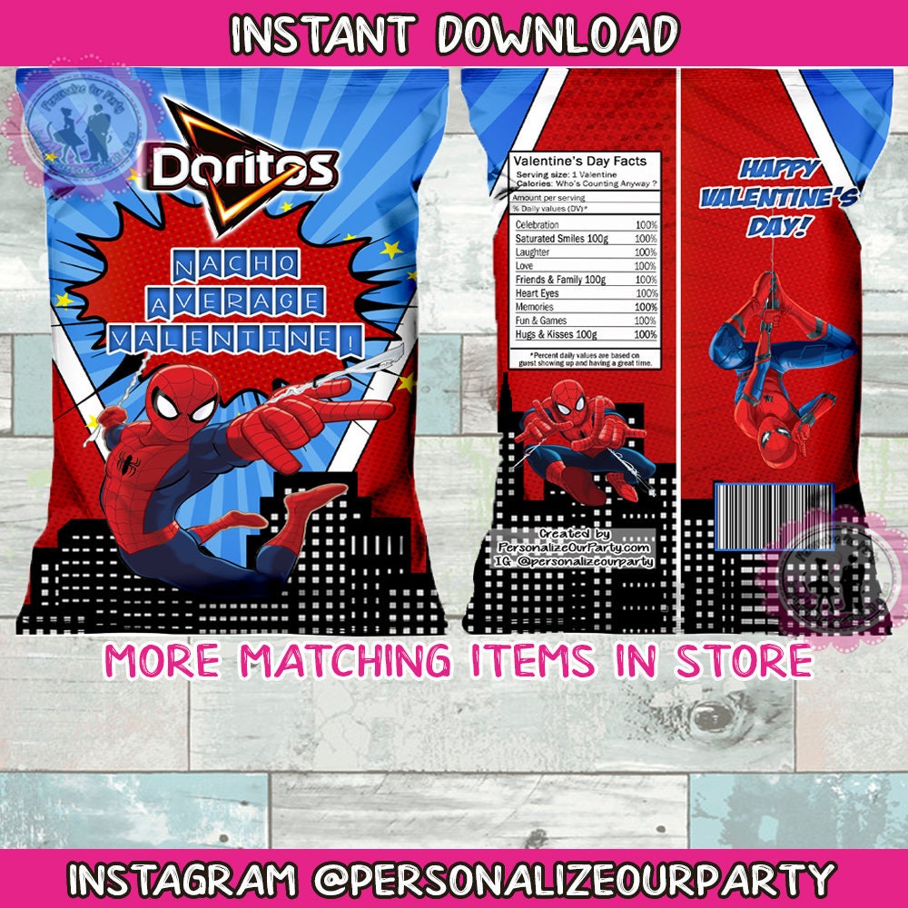 Spider-man nacho average valentine chip bag wrappers-INSTANT DOWNLOAD-spiderman valentines party favors-spider-valentine's day party favors