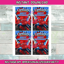 Load image into Gallery viewer, INSTANT DOWNLOAD spider man capri sun juice pouch labels-spider man party-spiderman -capri sun sticker-spider man favors-spider man birthday