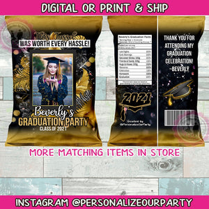 Trunk party graduation chip bags/wrappers-digital-print-chip bags-party favors-prom watch party favors-graduation party favors-graduation