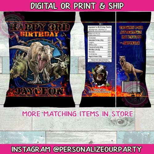 Dinosaur chip bags/chip bag wrappers-digital-print-Jurassic world inspired party bags-Jurassic park chip bags-dinosaur party favors-gift bag