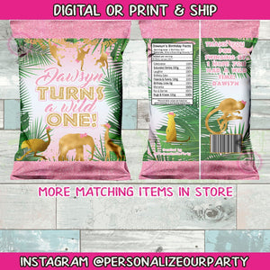 Wild one chip bags/wrappers-girls safari party favors-jungle party favors-digital-print-wild one party supplies-wild one party favors-juice