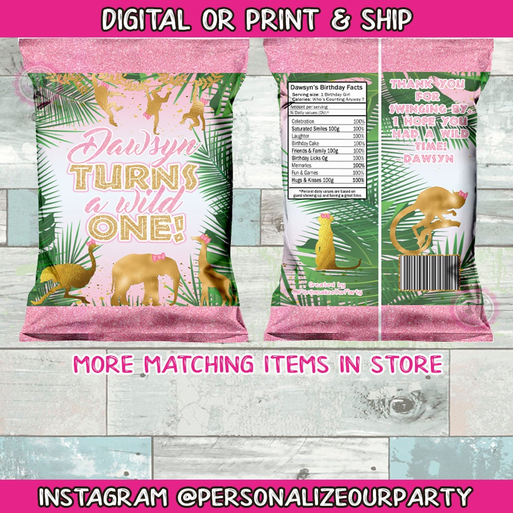 Wild one chip bags/wrappers-girls safari party favors-jungle party favors-digital-print-wild one party supplies-wild one party favors-juice