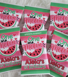 one in a melon chip bags/wrappers-one in a melon party favors-watermelon party-1st birthday-digital-printed-one in a melon-first birthday