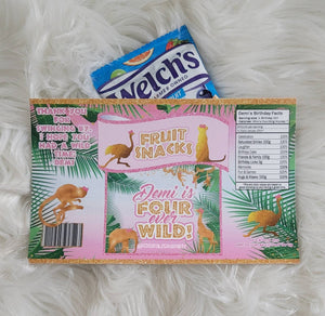 Four ever wild fruit snacks/wrappers-wild one party-safari party favor-jungle party-safari girls party-digital-print-four ever wild birthday