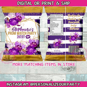 Prom chip bags/chip bag wrappers-watch party chip bags-sweet 16 party favors-purple white & gold chip bags-pink and gold chip bag-graduation
