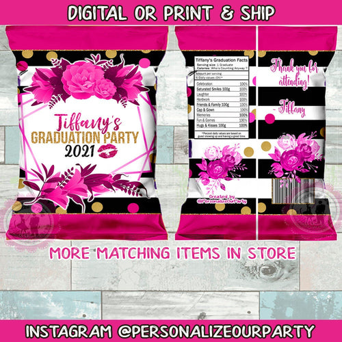 Graduation chip bags/chip bag wrappers-prom chip bags- sweet 16 party favors-pink black & white chip bags-pink and gold chip bags-graduation