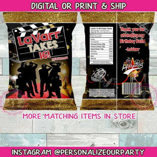 Hollywood birthday party red carpet chip bags/wrappers-hollywood party favors-movie premier party favors-glamorous party-digital-print-party