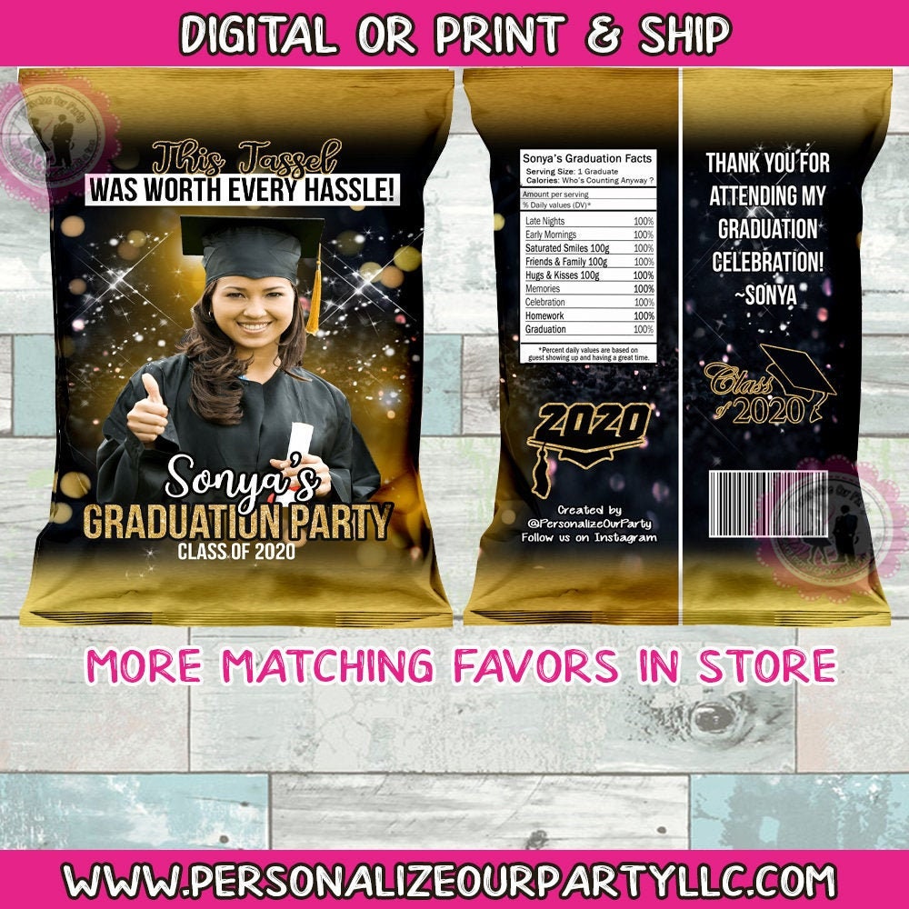 black & gold graduation chip bag/wrappers-digital-print-chip bags-party favors-prom watch party favors-graduation party favors-graduation