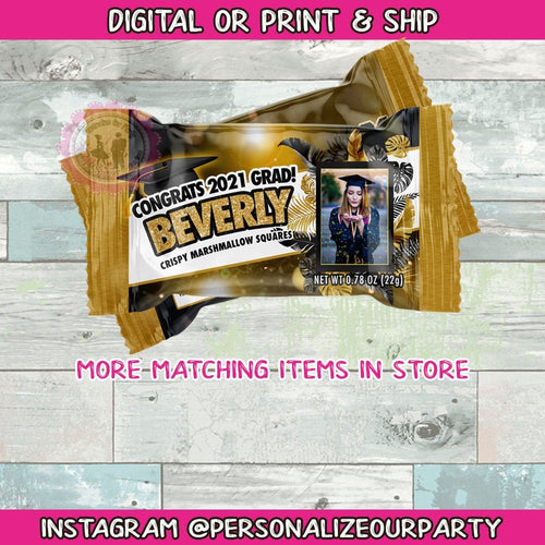 Graduation rice krispy treats/wrappers-digital-printed-graduation party favors-prom party favors-black & gold graduation party favors-decor