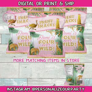 Four ever wild fruit snacks/wrappers-wild one party-safari party favor-jungle party-safari girls party-digital-print-four ever wild birthday