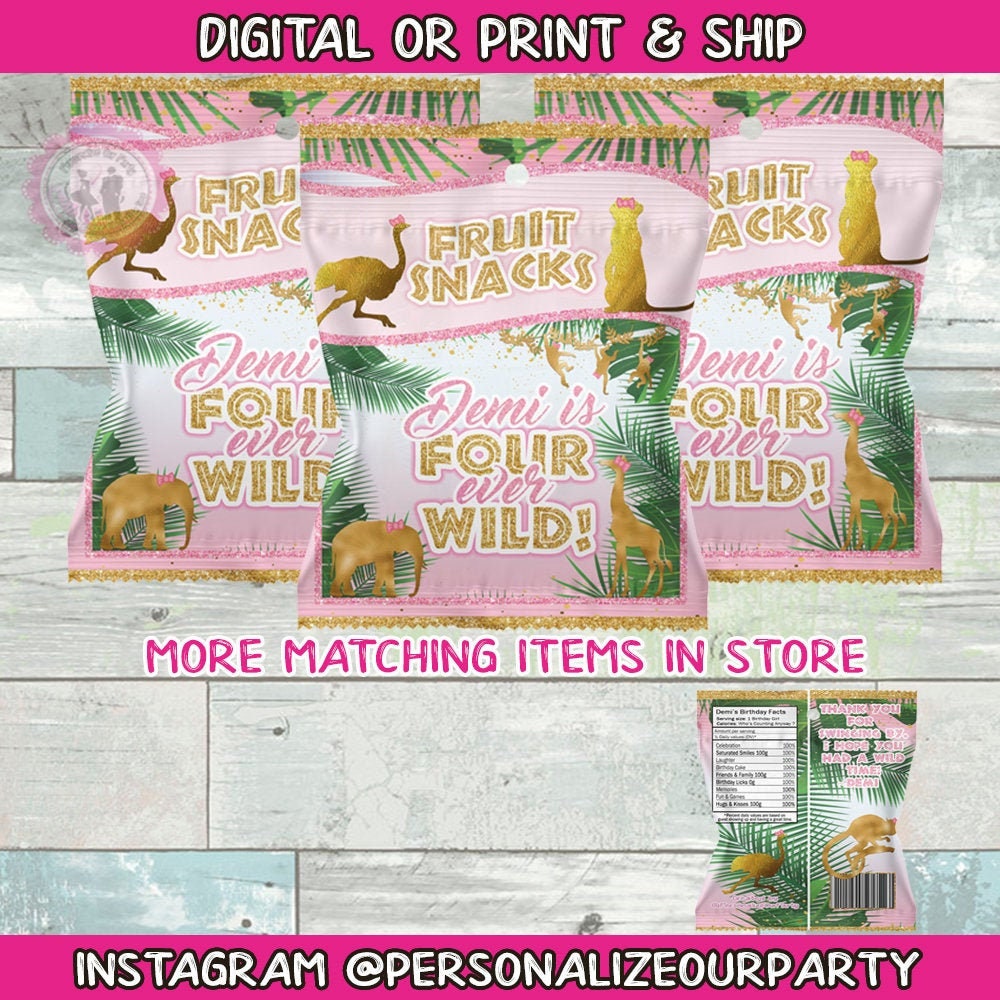 Four ever wild fruit snacks/wrappers-wild one party-safari party favor-jungle party-safari girls party-digital-print-four ever wild birthday