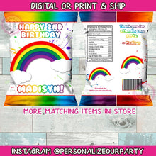 Load image into Gallery viewer, Rainbow chip bag/wrappers-rainbow party favors-rainbow birthday-rainbow treat bags-digital-print-rainbow candy bags-rainbow loot bags-rain