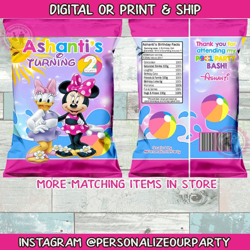 Minnie Mouse pool party chip bags/wrappers-pool party favors-digital-print-pool party supplies-pool party decor-minnie mouse party favors