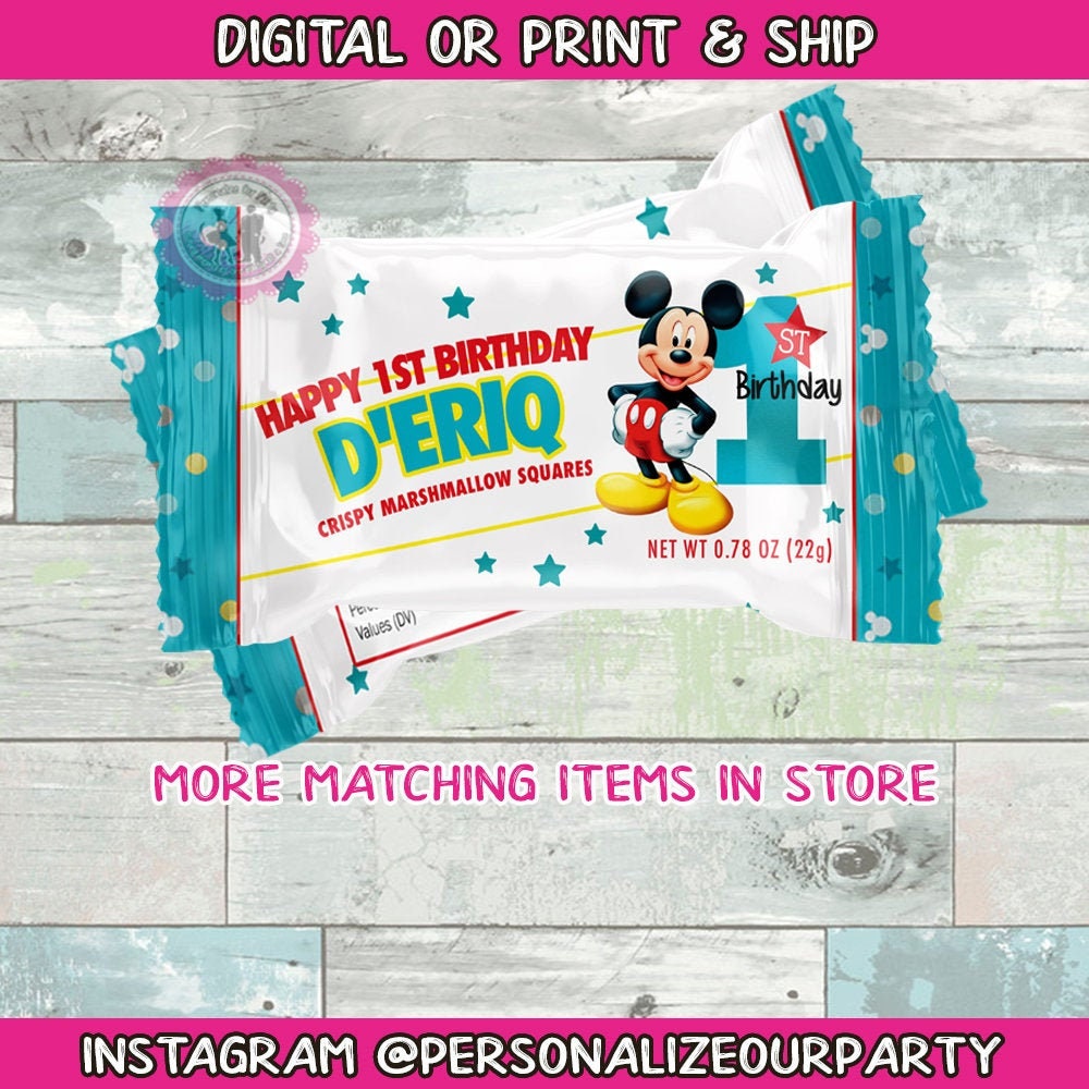 Mickey Mouse 1st birthday  inspired rice krispy treat wrappers-mickey mouse party favors-digital-print-mickey first birthday party favors