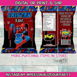 Spider-man chip bags/wrappers-spider-man party favors-spider-man birthday-black spider-man-digital party favors-printed-spiderman birthday