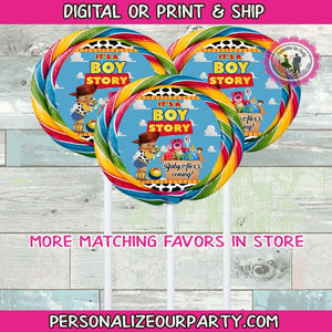 It's a boy story baby shower circus lollipop stickers-toy story baby shower-boy story-digital-print babyshower party favors-boy story favors