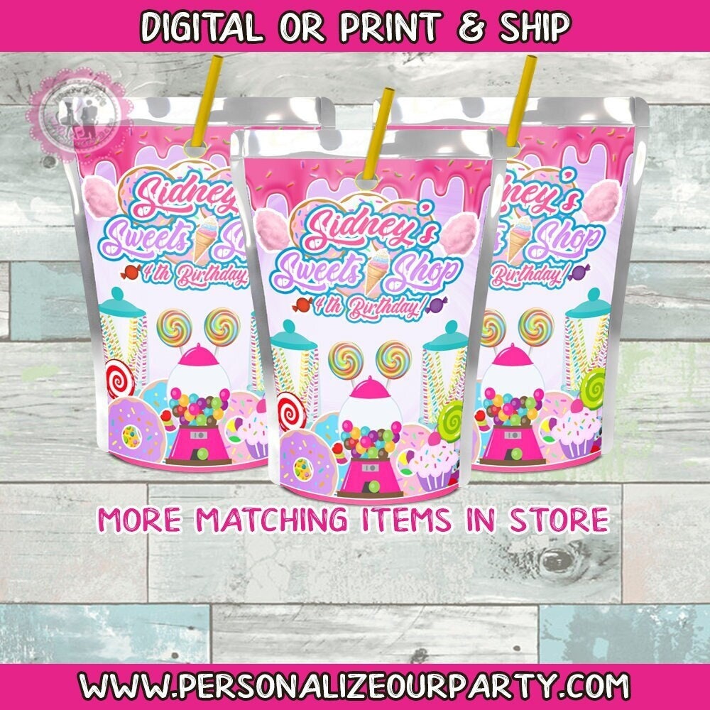 candy shop capri sun juice labels-digital printed-candy land party favors-candy shop birthday-candy factory party favors-candy juice labels