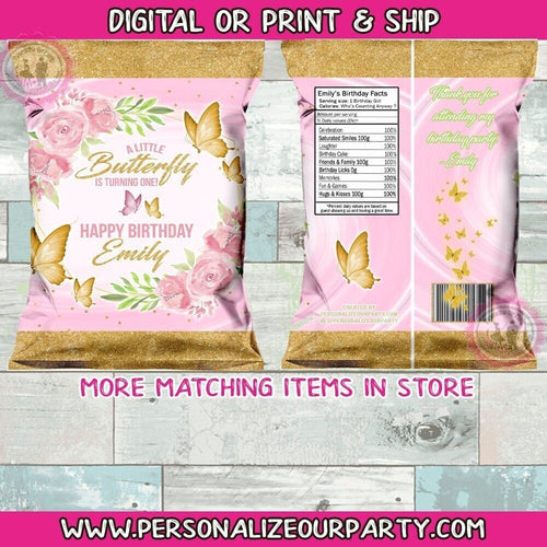 pink & gold Butterfly chip bags/wrappers-butterfly baby shower-butterfly party favors-candy bags-digital or print-butterfly party supplies