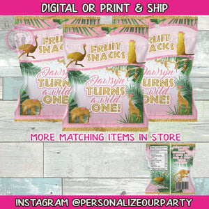 wild one fruit snacks/wrappers-wild party-safari party favors-jungle party-safari girls party-digital-print-four ever wild birthday-party