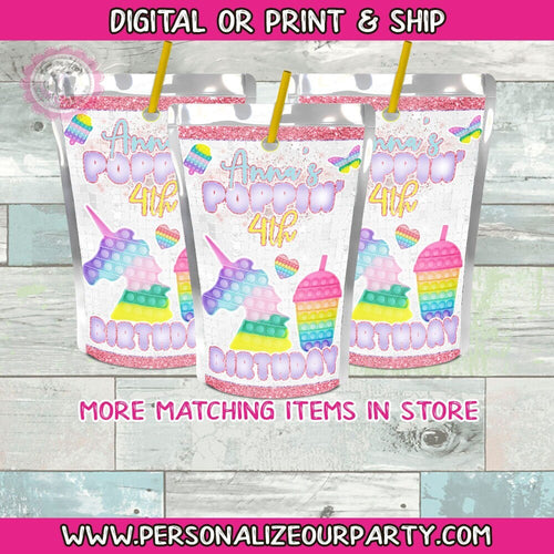 Girls Pop it capri sun stickers-digital-printed-capri sun party favors-pop it birthday party supplies-pop it party-poppin birthday-favors