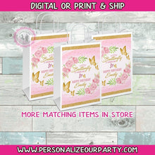 Load image into Gallery viewer, Butterfly pink &amp; gold party bags/labels-butterfly baby shower-butterfly party favors-candy bags-digital-print-butterfly party supplies-bags