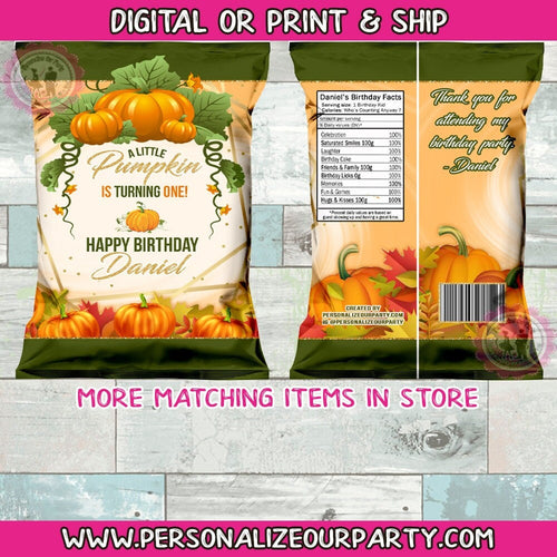 Pumpkin chip bags/wrappers-digital-print-pumpkin party favors-pumpkin patch-fall party favors-1st birthday-autumn baby shower-fall party