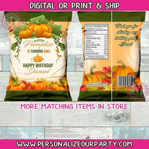 Pumpkin chip bags/wrappers-digital-print-pumpkin party favors-pumpkin patch-fall party favors-1st birthday-autumn baby shower-fall party