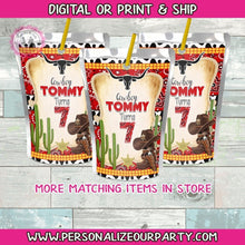 Load image into Gallery viewer, cowboy juice pouch stickers-western juice pouch stickers-western party favors-cowboy party favors-cowboy baby shower-digital-print-capri sun