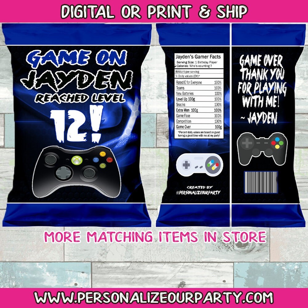 Video game level up chip bag/wrapper-game truck chip bags-custom snack bags-video game party decorations- video game party decor- game truck