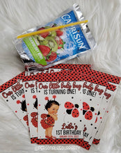 Load image into Gallery viewer, African American Lady bug 1st birthday juice pouch labels-lady bug party-lady bug party favors-lady bug favors-juice pouch-digital-print