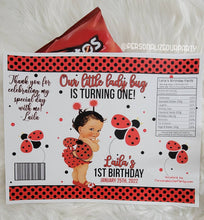 Load image into Gallery viewer, Lady bug baby chip bags/ chip bag wrappers-lady bug first birthday-lad bug party favors-lady bug-digital-print-lady bug favor bags-treat bag