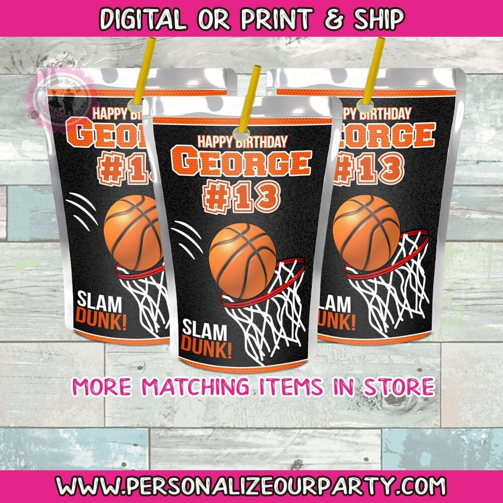 Basketball capri sun juice labels-basketball labels-digital print-basketball party supplies-basketball party favors-basketball juice pouches