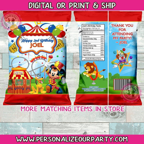 Mickey mouse carnival chip bags/wrapper-mickey circus chip bags-carnival party favor bags-circus party bags-treat bags-circus birthday favor